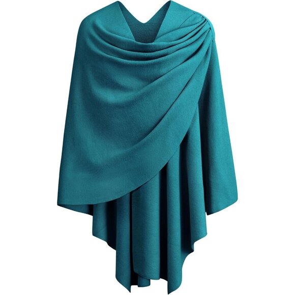 Accessories - Women's 1-dark Cyan Cross Front Poncho Sweater Wrap Knitted Elegant Shawls Cape
